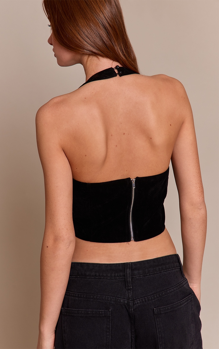 Black Faux Suede Stitching Detail Halterneck Corset  image 2