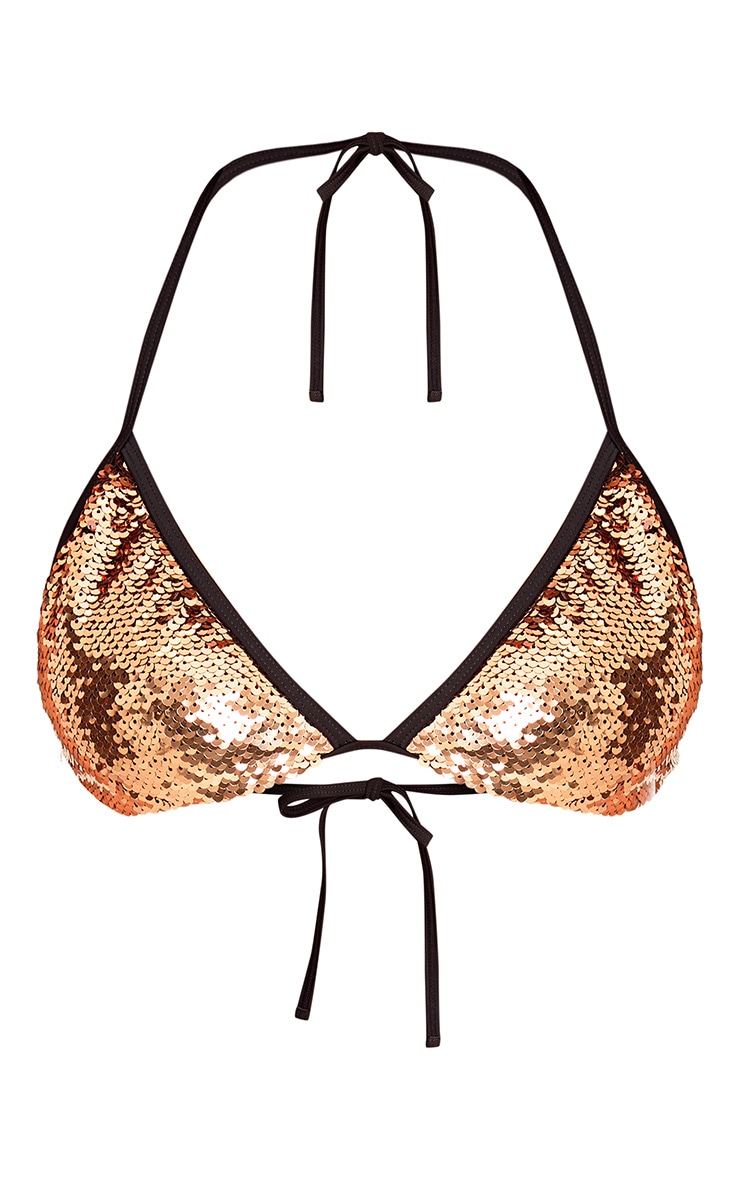 Caroline Bronze Sequin Triangle Bikini Top PrettyLittleThing