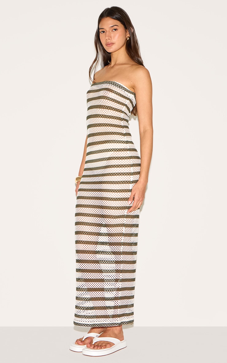 Robe bustier longue texturée kaki à rayures image 3