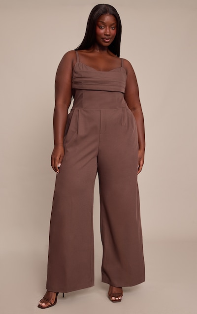 Plus Chocolate Tailored Panel Detail Wide Leg Jumpsuit