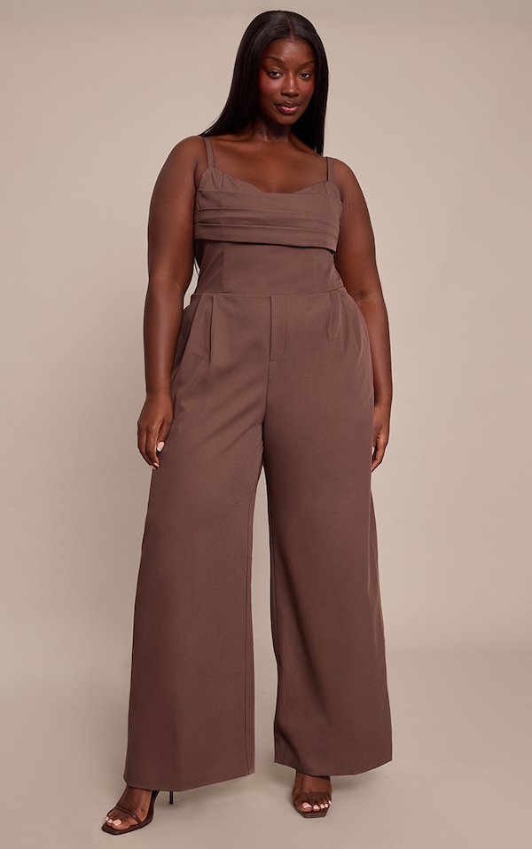 Plus Chocolate Tailored Panel Detail Wide Leg Jumpsuit