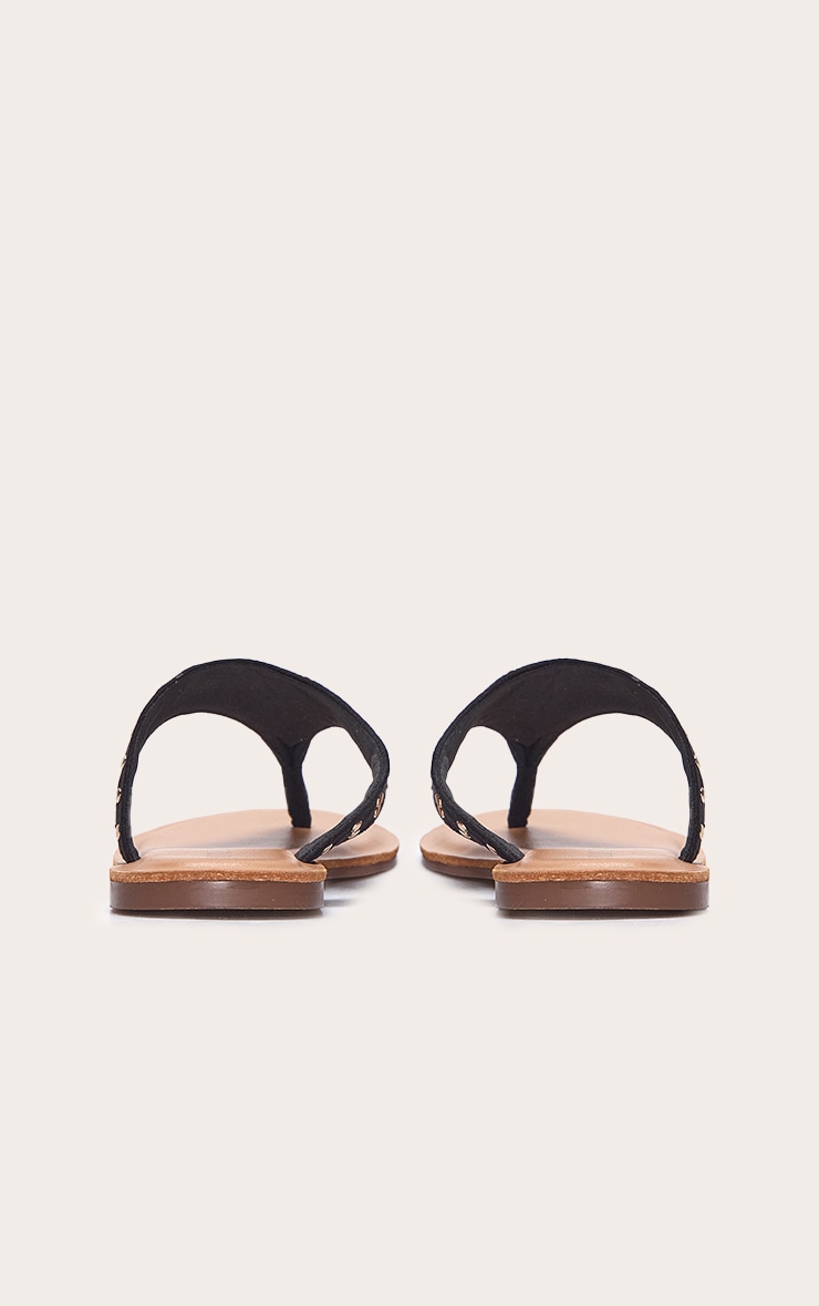 Black Faux Suede Stud Detail Toe Thong Flat Sandals image 3