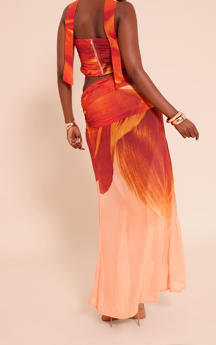 Orange Floral Printed Chiffon Ruched Maxi Skirt image 3