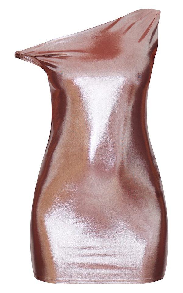 Bronze Metallic Asymmetric One Shoulder Mini Dress