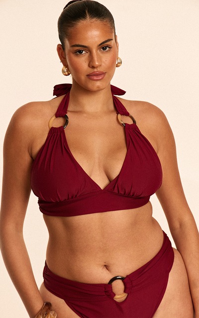 Plus Burgundy O Ring Detail Ruched Triangle Bikini Top