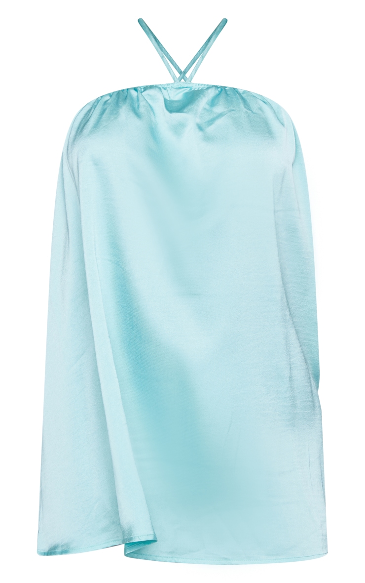 Petite Aqua Blue Satin Stappy Halterneck Swing Dress image 1