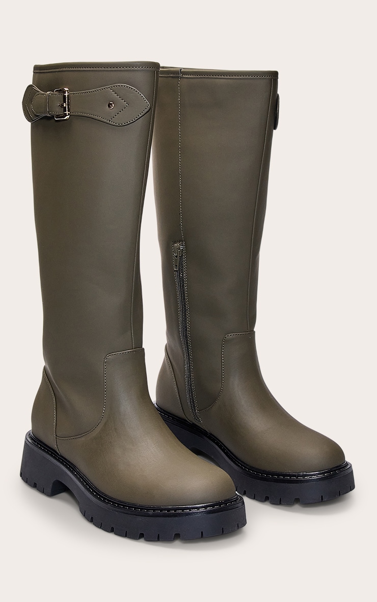 Khaki Wax PU Buckle Detail Knee High Chelsea Boot image 3
