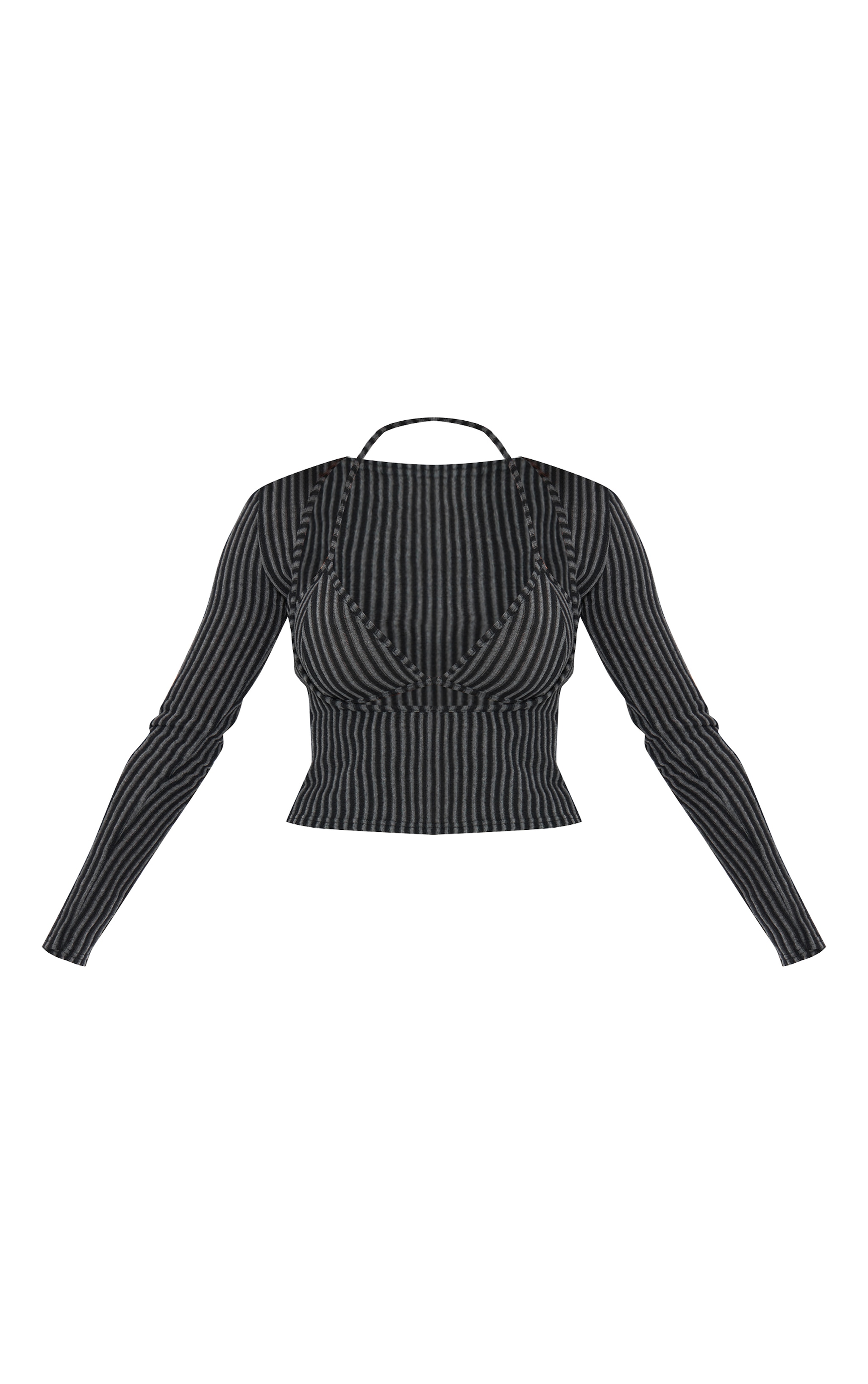 Black Two Tone Rib Long Sleeve Bikini Detail Top image 1