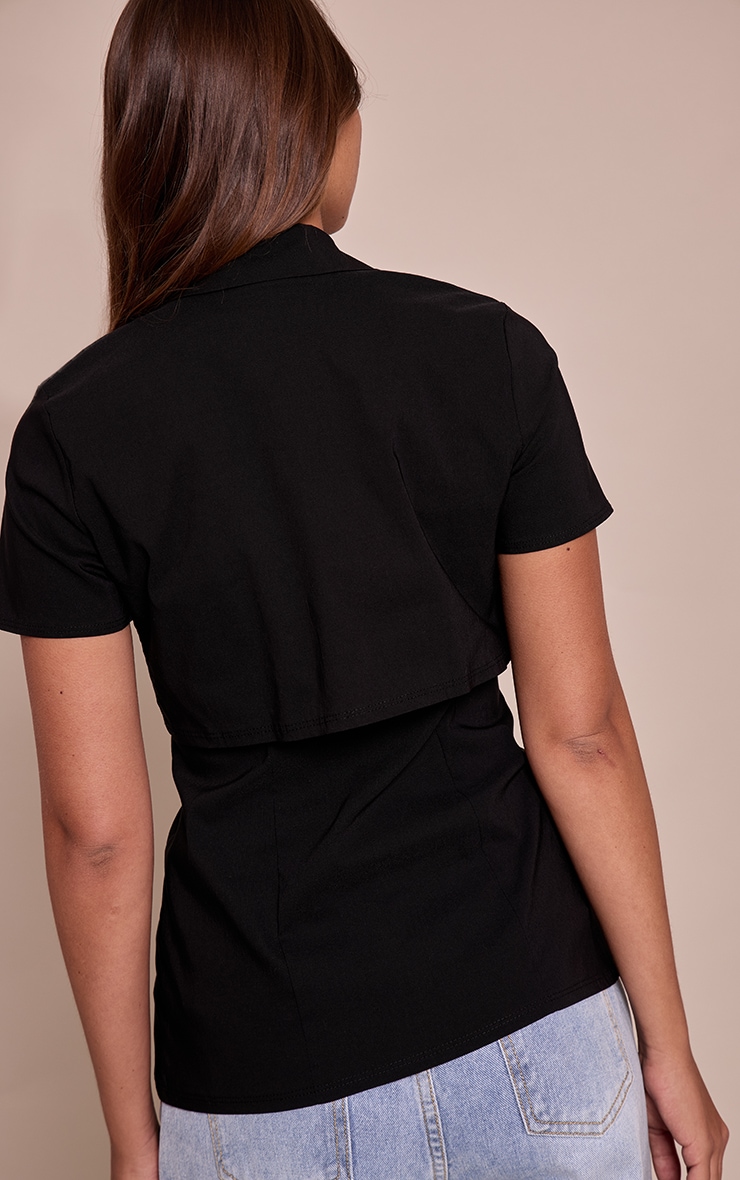 Black Stretch Woven Overlay Detail Short Sleeve Shirt image 2