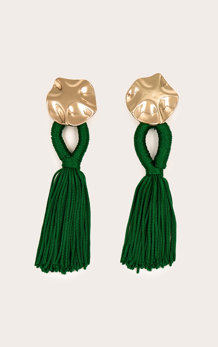 Gold Hammered Circular Earrings with Emerald Tassel Detail image 2