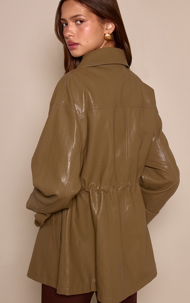 Olive Textured High Shine PU Cinch Jacket image 2