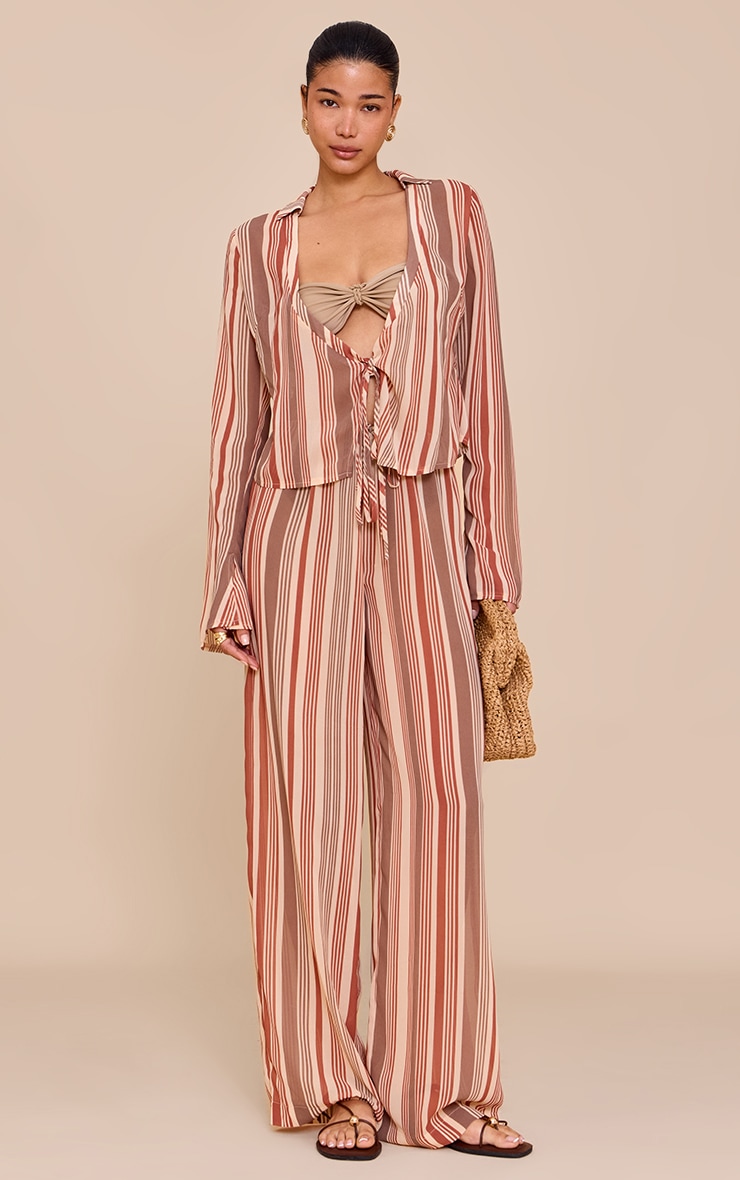 Beige Chiffon Striped Wide Leg Pants image 1