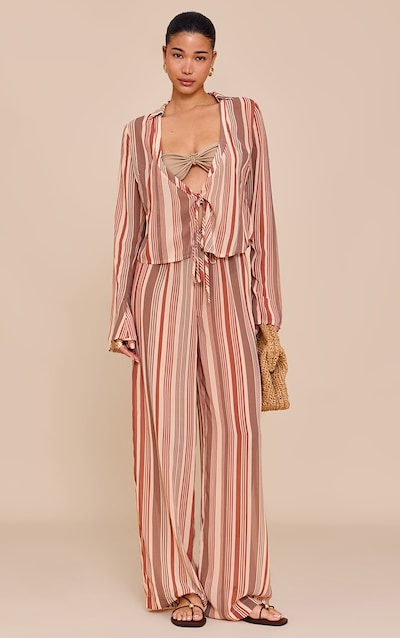 Pantalon large en mousseline de soie beige à rayures