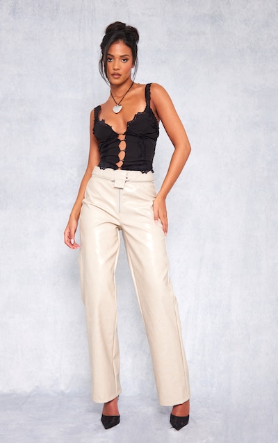 Tall Cream Faux Leather Zip Detail Straight Leg Pant