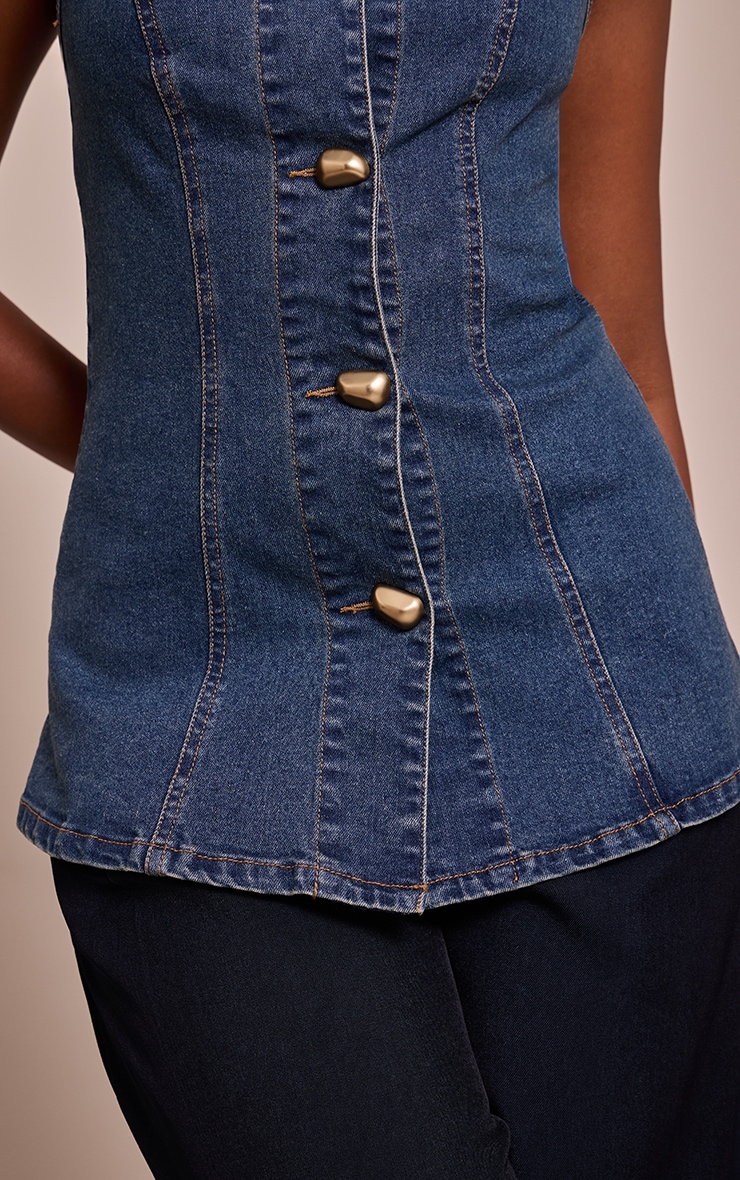 Dark Blue Gold Button Seam Detail Denim Cami Top image 4