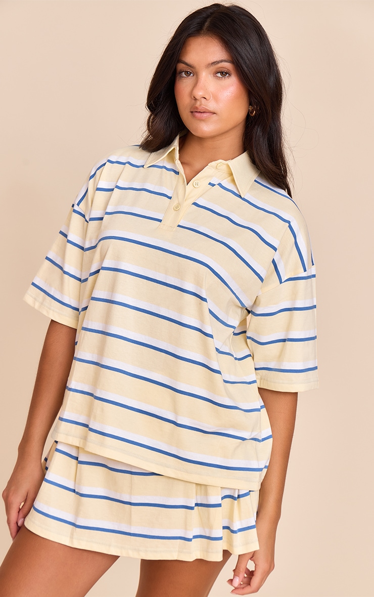  Butter Yellow Striped Oversized Collared T-shirt image 4