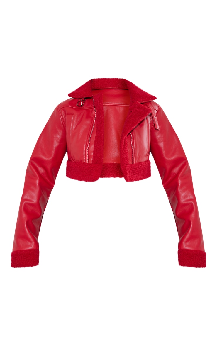Red borg lined faux leather cropped aviator clearance
