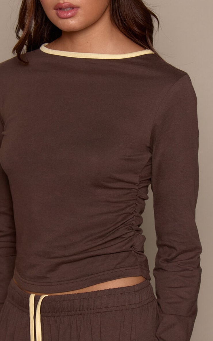 Chocolate Cotton Contrast Cuff Long Sleeve Top image 4