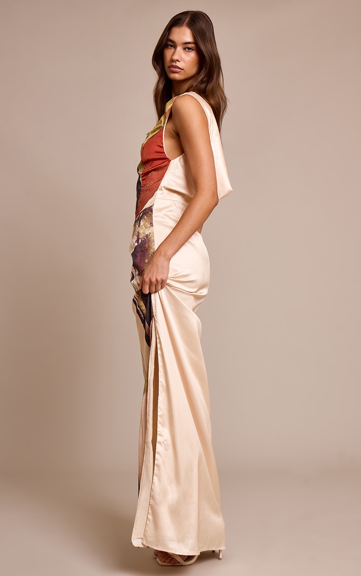 Cream Floral Printed Satin Maxi Dress image 3