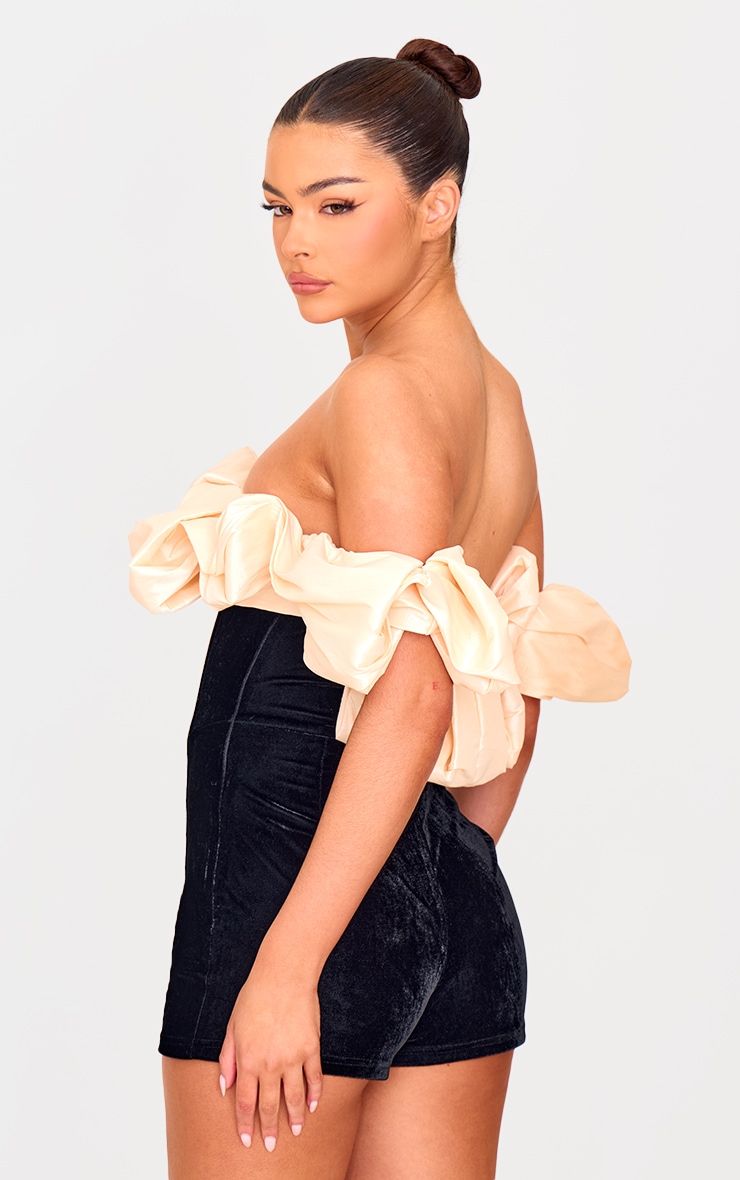 Black Contrast Bardot Puff Sleeve Velvet Playsuit image 2