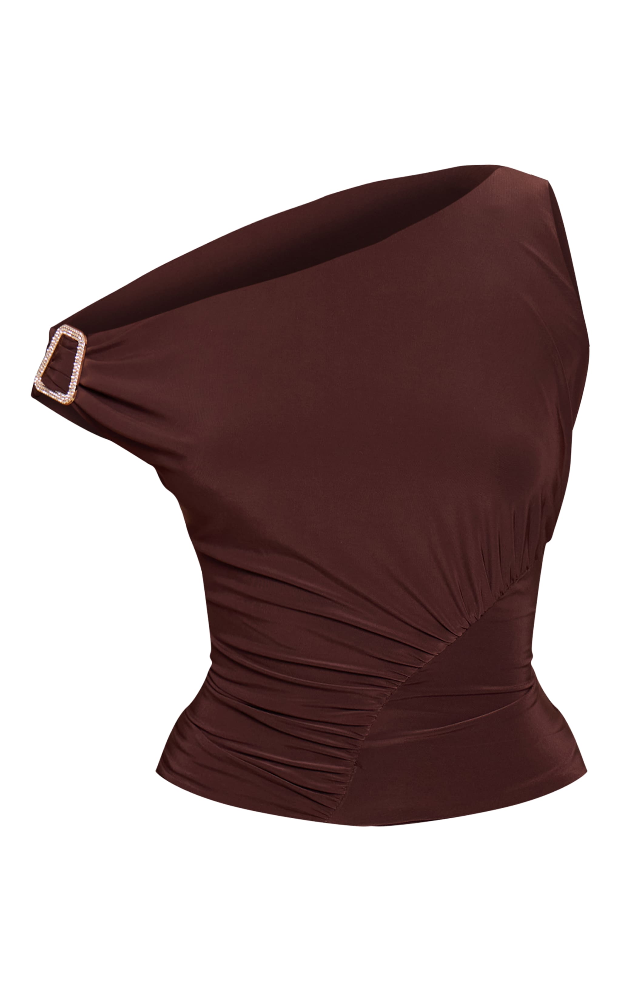 Dark Brown Double Layer Slinky Ruched One Shoulder Top  image 5
