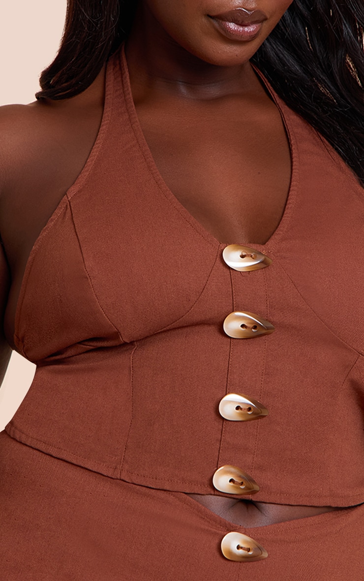 Plus Chestnut Woven Halterneck Button Detail Top image 4