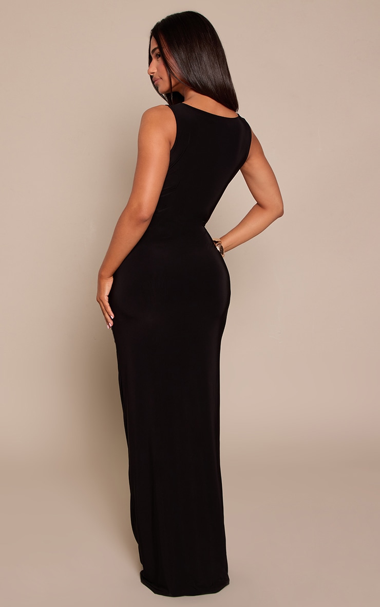 Petite Black Ruched Front V Neck Slinky Maxi Dress image 2