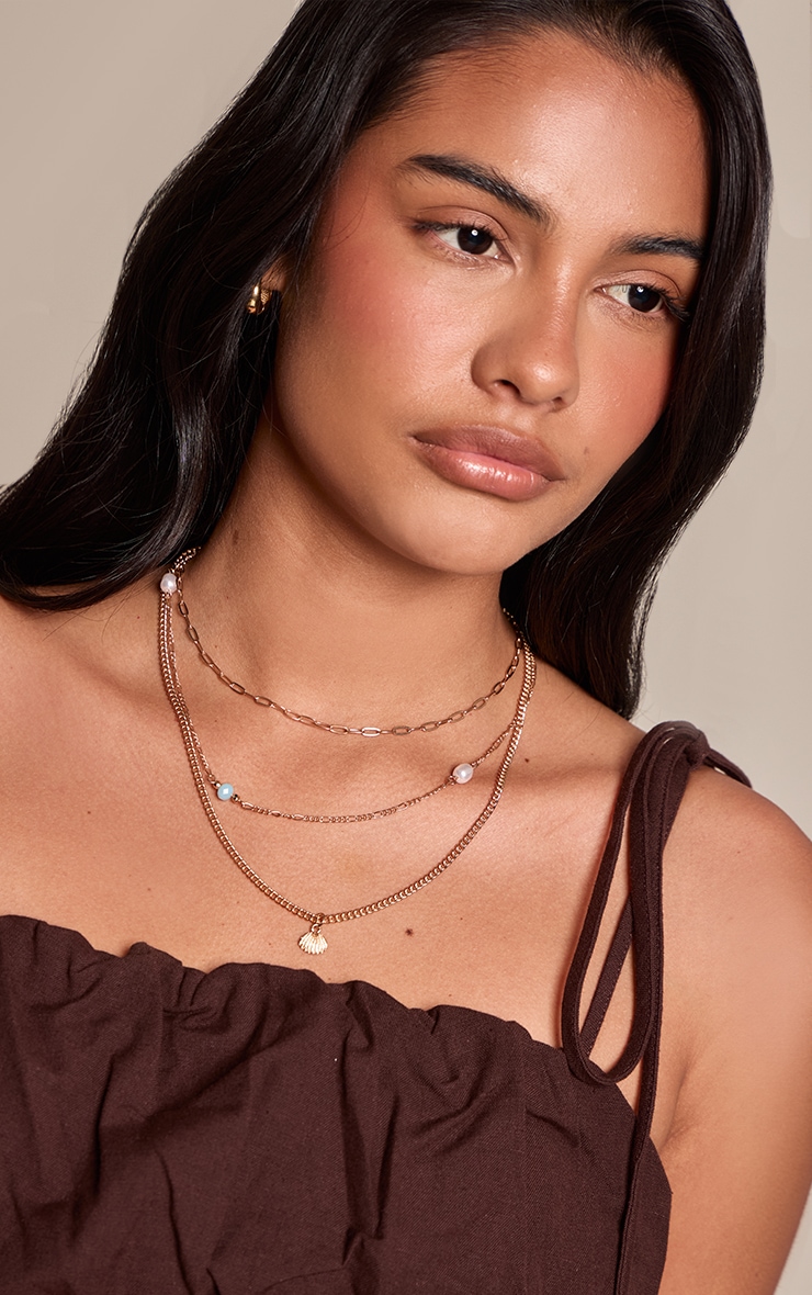 Gold Shell Beaded Multi Layer Necklace