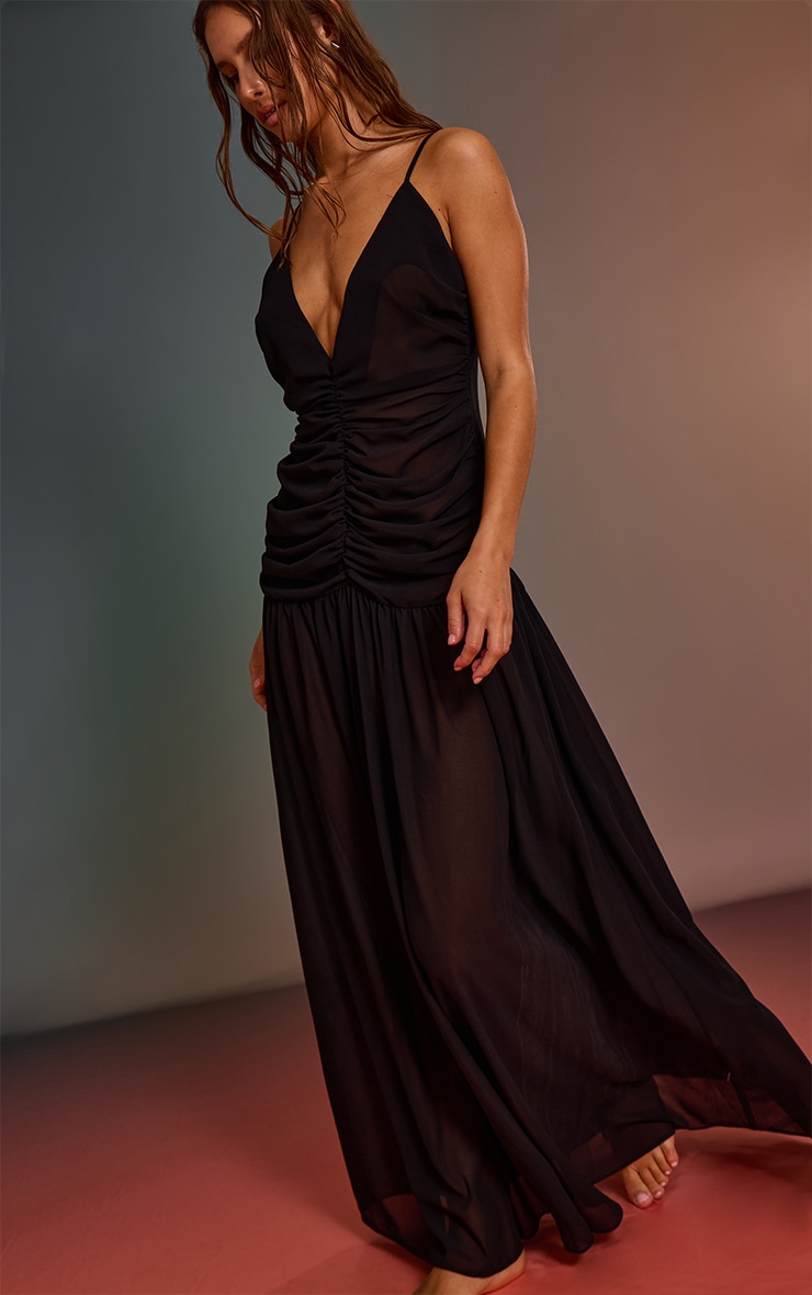 Black Chiffon Ruched Maxi Beach Dress image 1