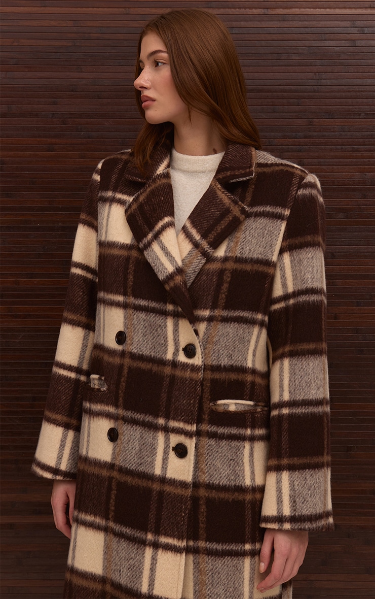 Brown Checked Structured Double Breasted Wool Look Maxi Coat image 1