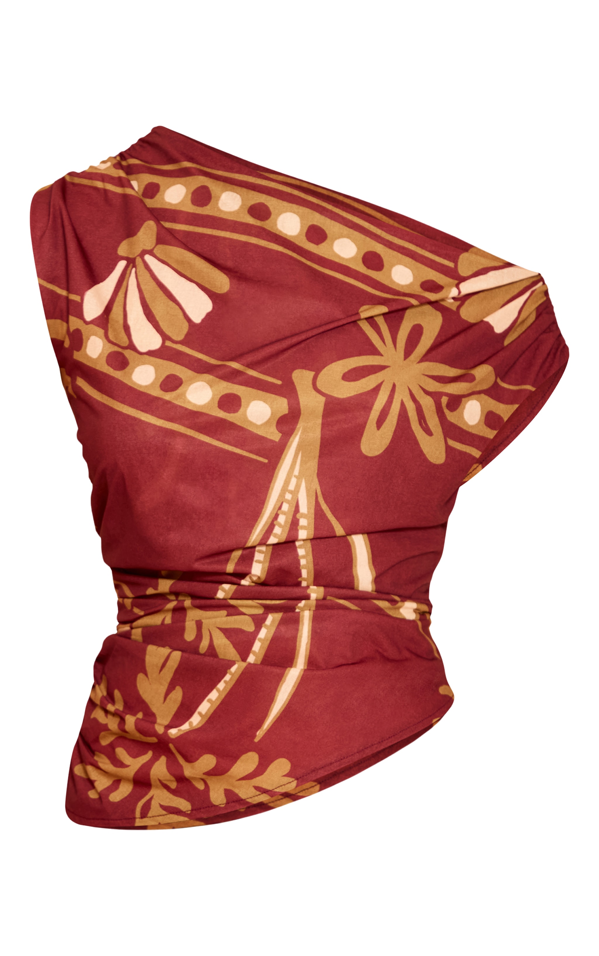 Rust Palm Print Chiffon Ruched Asymmetrical Crop Top image 5