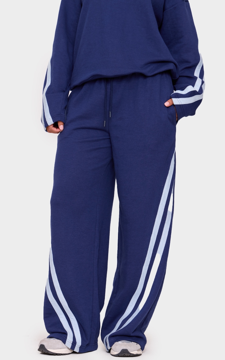 Navy Contrast Striped Wide Leg Joggers image 2