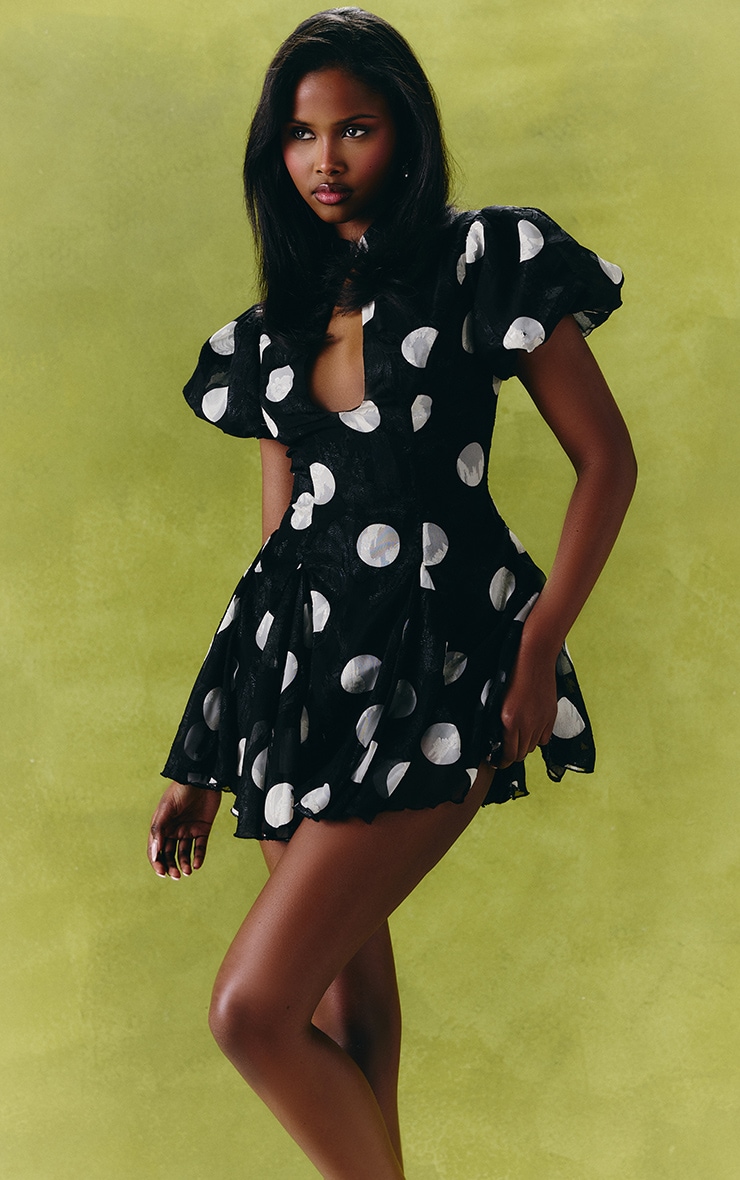 Black Oversized Polka Dot Jacquard Puff Sleeve Playsuit image 1