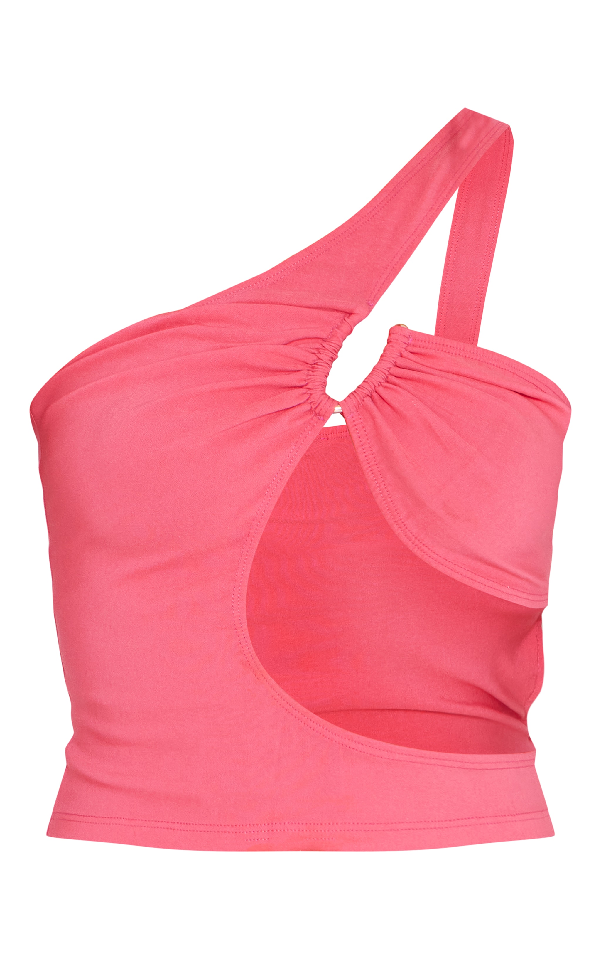 Hot Pink Stretch Woven Cut Out Ring Detail Asymmetric Crop Top image 1