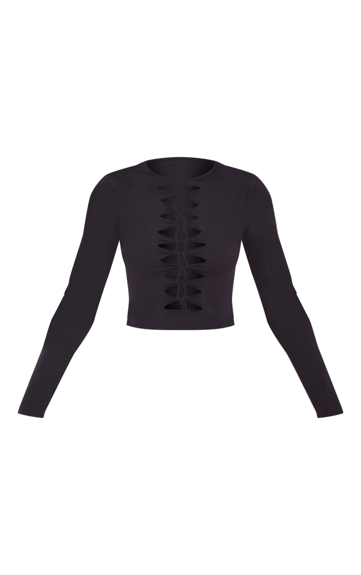 Crop top noir découpé à manches longues et noeuds | PrettyLittleThing FR