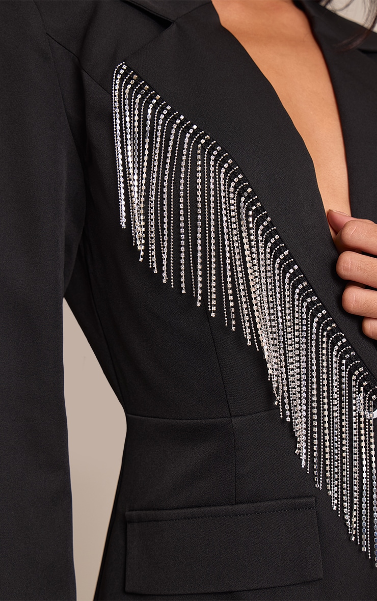 Black Tailored Diamante Tassel Detail Long Sleeve Blazer Dress image 4