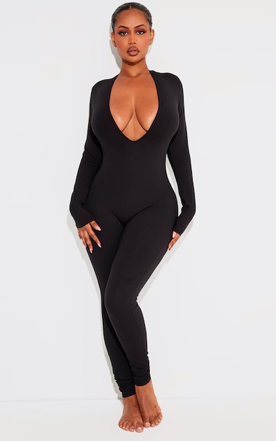 Shape Combinaison sculptante noire à manches longues et décolleté
