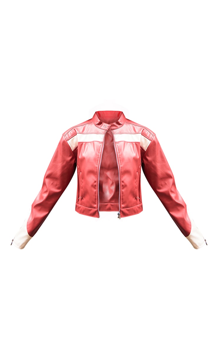 Red PU Racer Neck Pleated Detail Jacket image 5