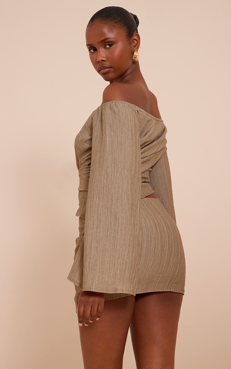 Mushroom Textured Gold Detail Bardot Long Sleeve Top image 2