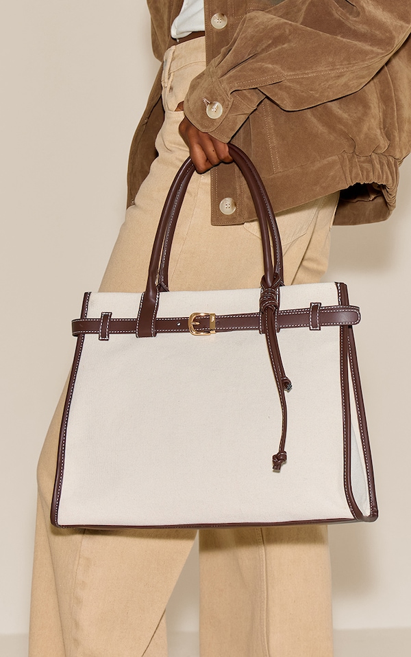 Natural Canvas Contrast Handle Handbag