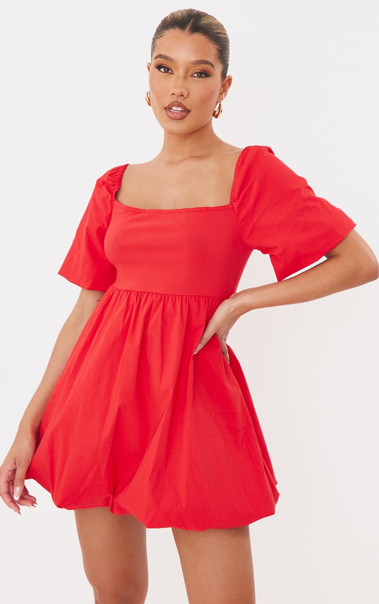 Red Puff Sleeve Square Neck Puffball Shift Dress image 5