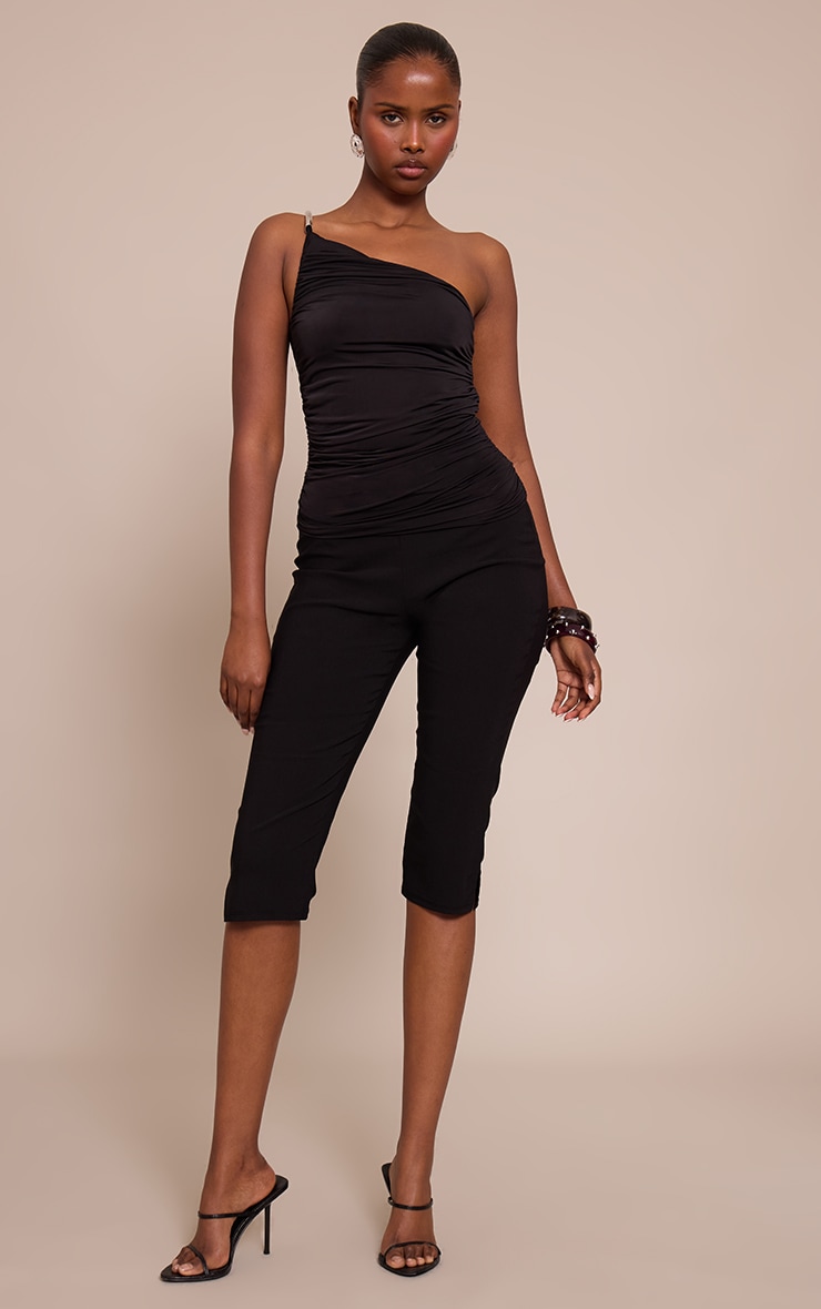 Black Slinky Trim Shoulder Detail Long Top image 3