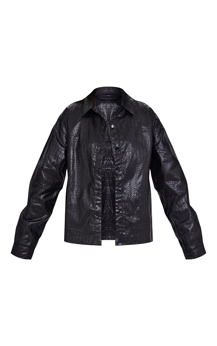 Veste en jean oversize enduit effet croco noir  image 5