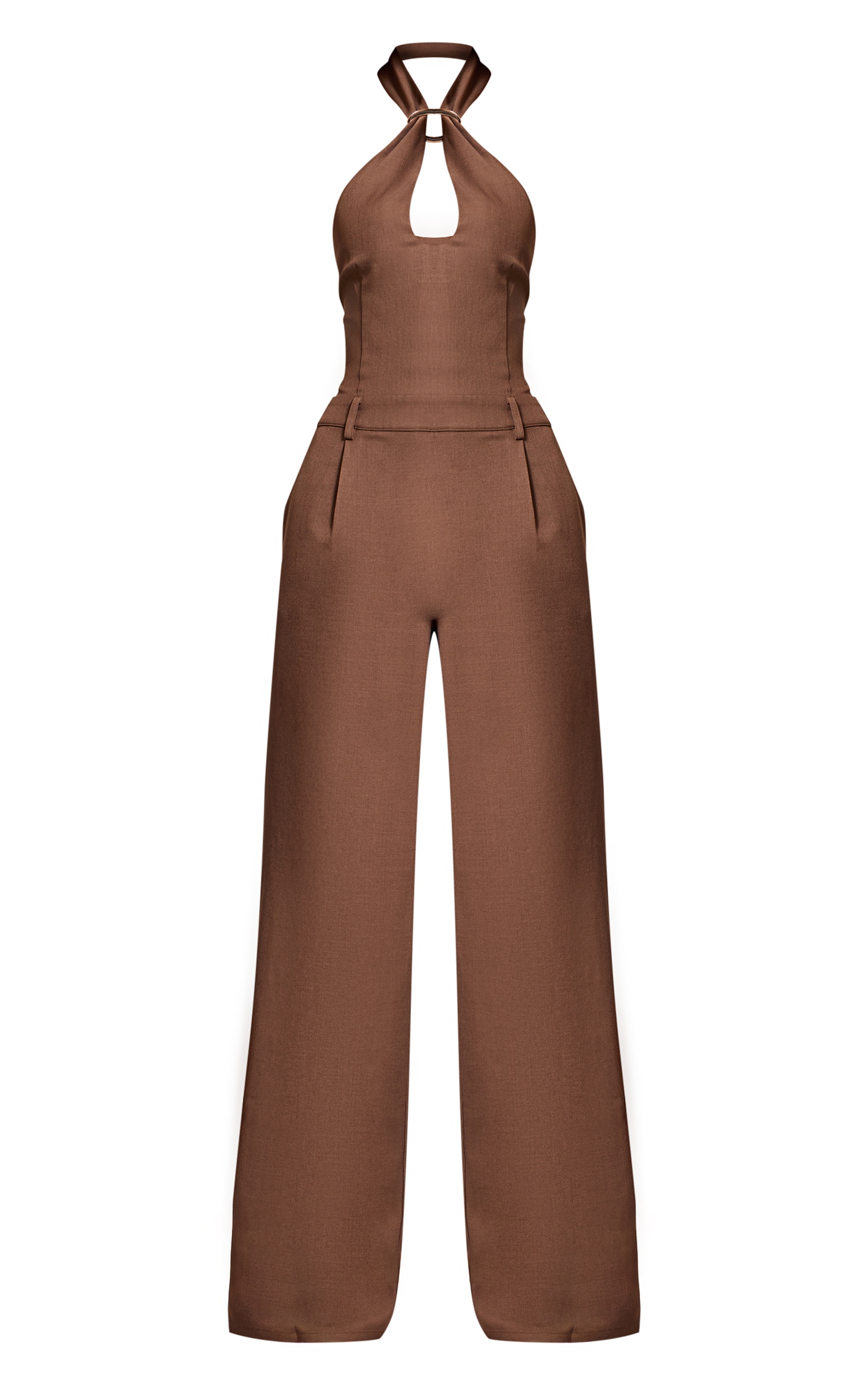 Chocolate Woven Halterneck Trim Wide Leg Jumpsuit image 5