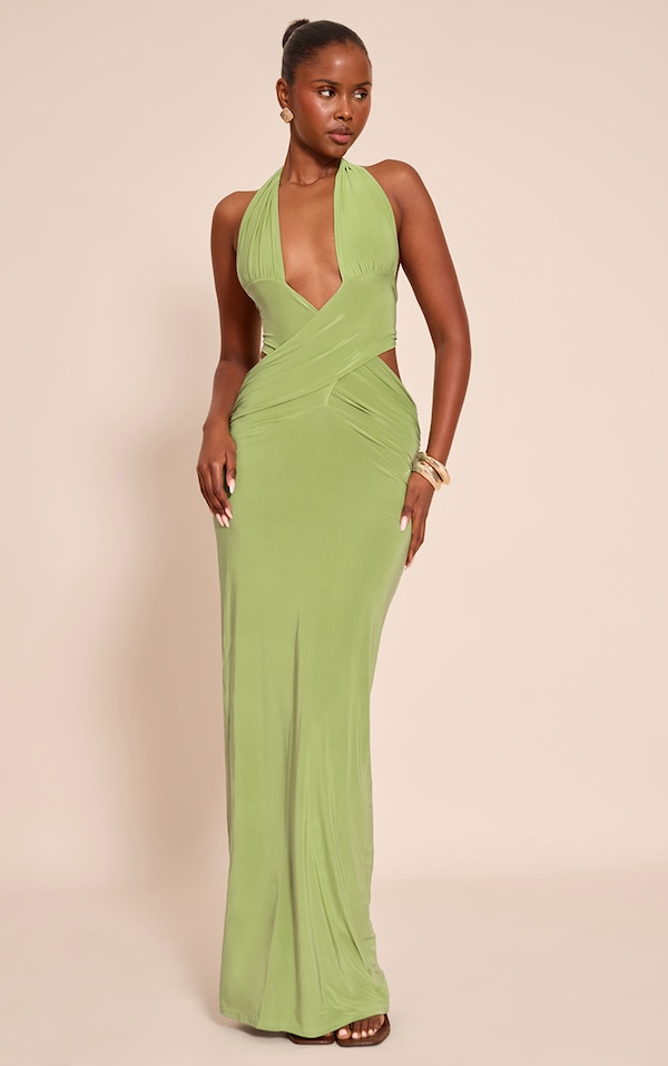 Olive Slinky Extreme Plunge Maxi Dress