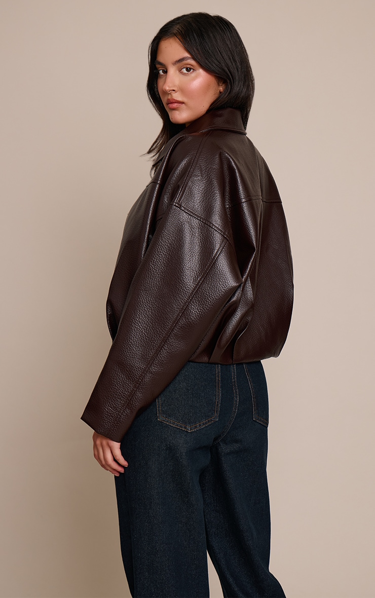Bitter Chocolate Faux Leather Covered Placket Bomber Jacket image 2