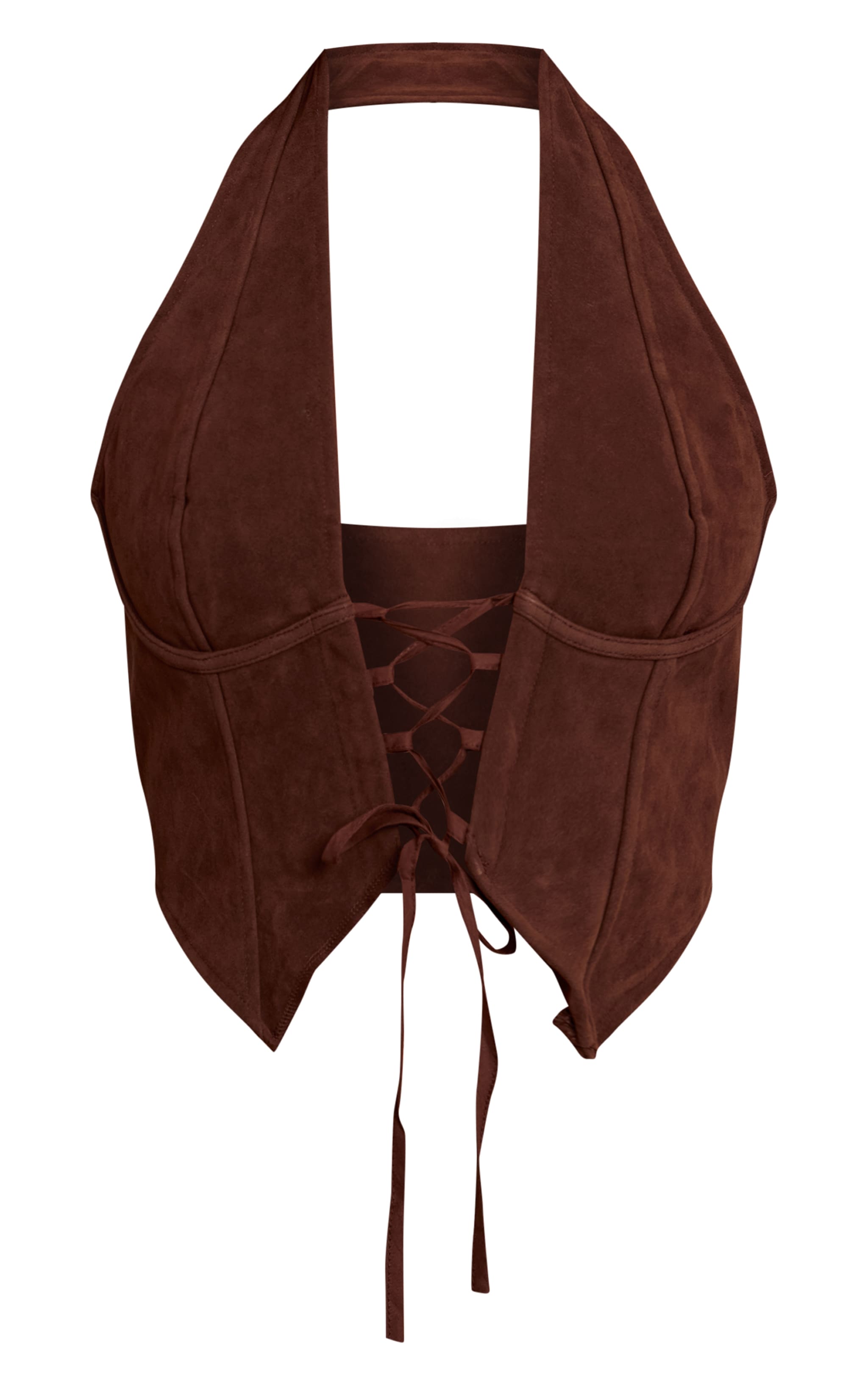 Dark Chocolate Faux Suede Lace Up Plunge Halterneck Top image 5