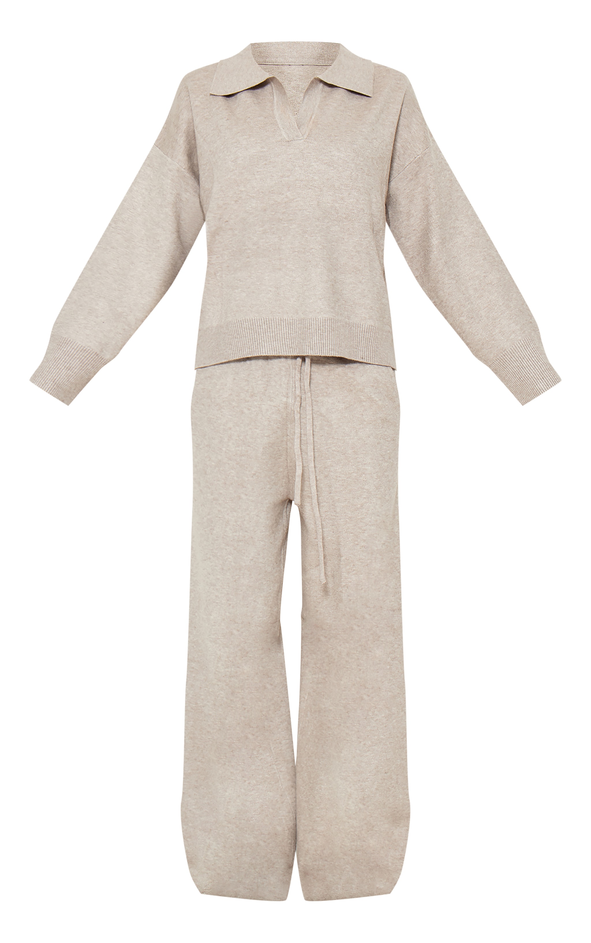 Taupe Knitted Polo Neck Sweater And Wide Leg Pants Set image 3