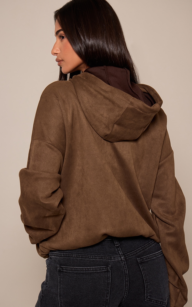 Petite Khaki Suede Hooded Zip Up Bomber Jacket image 2