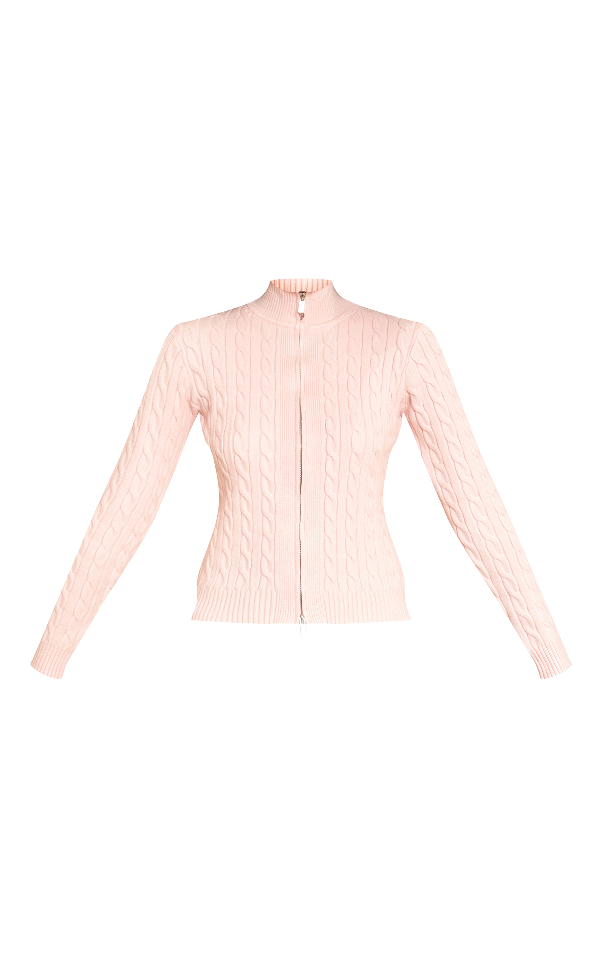 Pull en maille tricot torsadée rose à manches longues et zip image 5